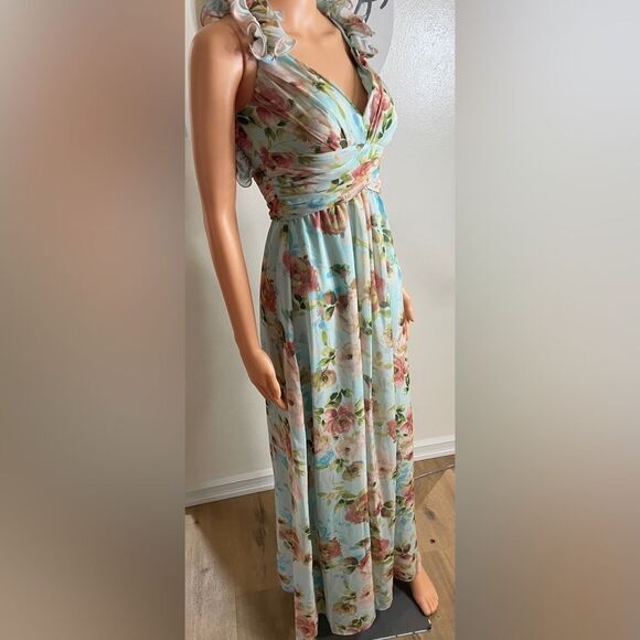 BETSY & ADAM Floral Print Ruffle Lace Back Gown Sz. 4 - Picture 10 of 11